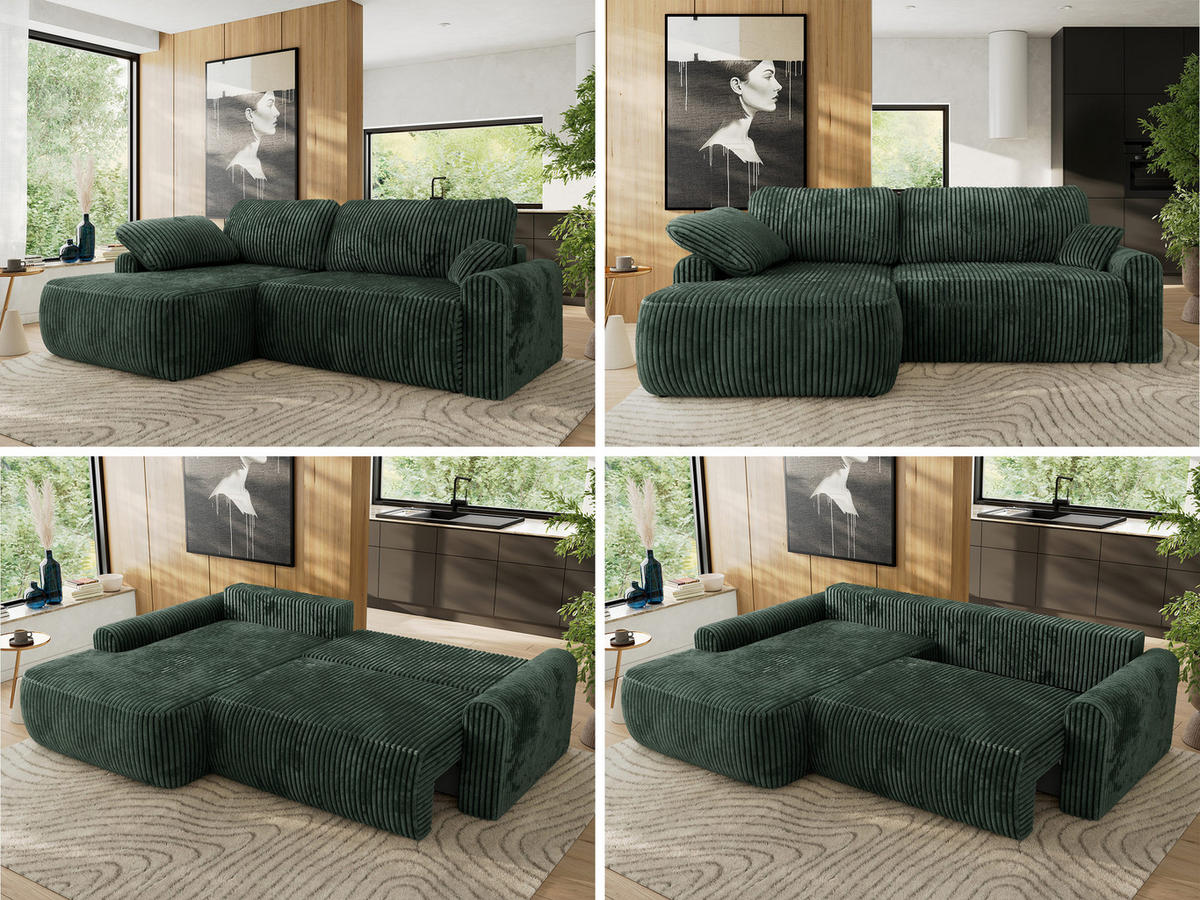ECKSCHLAFSOFA CUBO L Grün Cord - links - Schwarz/Grün, Kunststoff/Textil (273/187cm) - MKS