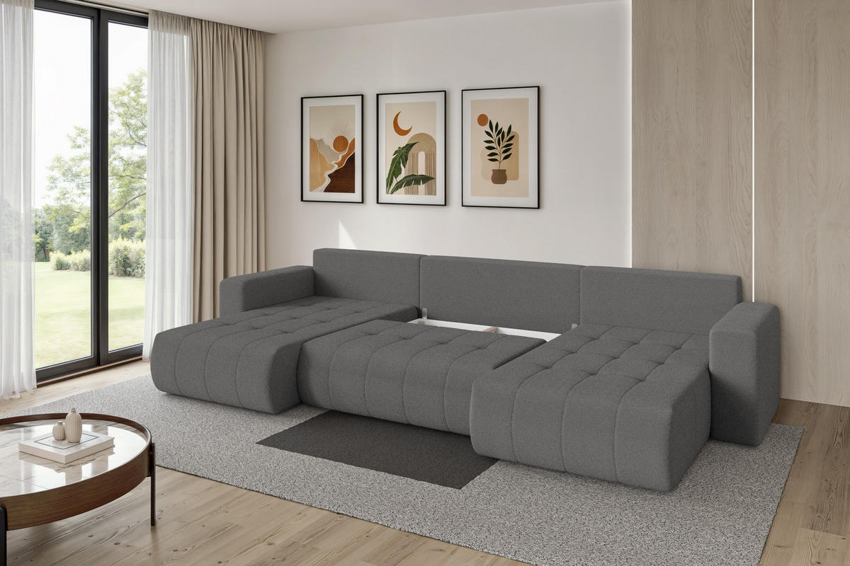 SEDACÍ SOUPRAVA DO U s funkcí spaní a úložným prostorem MILA-U 378x194x86 šedá bouclé - šedá/černá, kompozitní dřevo/textil (378/86/194cm) - ALTDECOR
