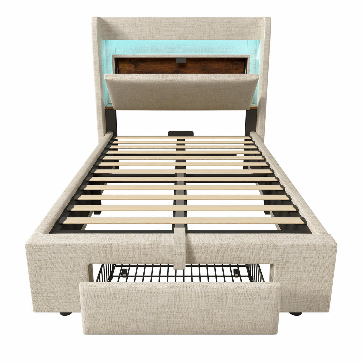 POLSTERBETT aus Leinen 90x200 cm Beige mit Stauraum, LED-Beleuchtung, USB- und USB-C-Anschluss - Beige, Textil (90/200cm) - IVMEU