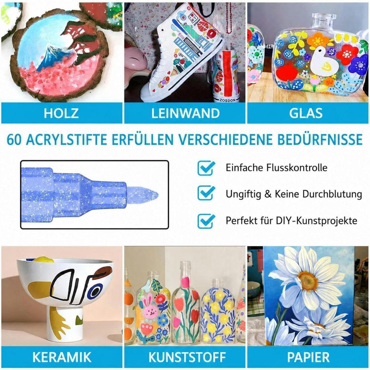 ACRYLSTIFTE 60er Set 0,7 mm Wasserfest für Stein, Holz, Glas - Multicolor, Kunststoff (1/1/14cm)