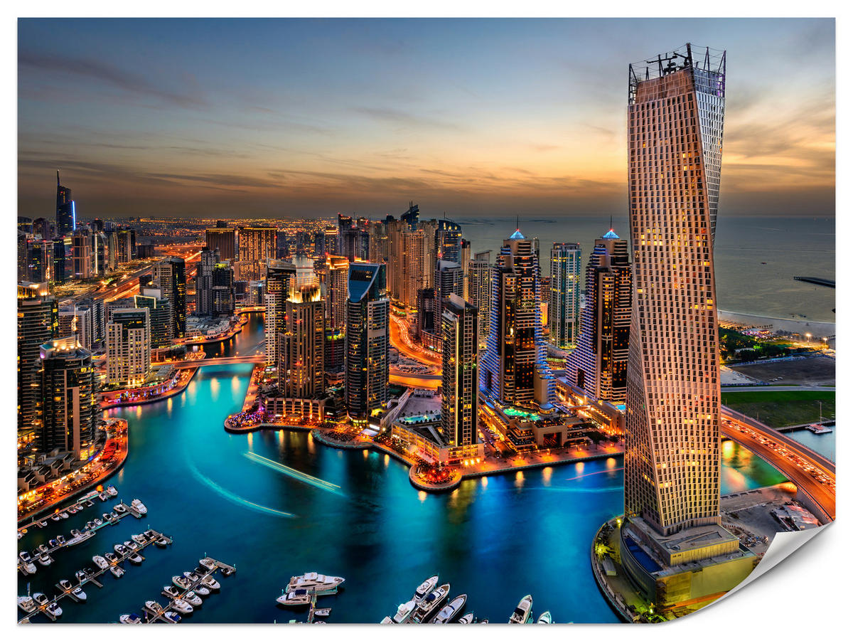 FOTOTAPETA Pre Kanceláriu Mrakodrapy Dubai Marina Prístav Svetlá Moderná 250 x 175 cm - oranžová/hnedá, papier (250/175cm) - Muralo
