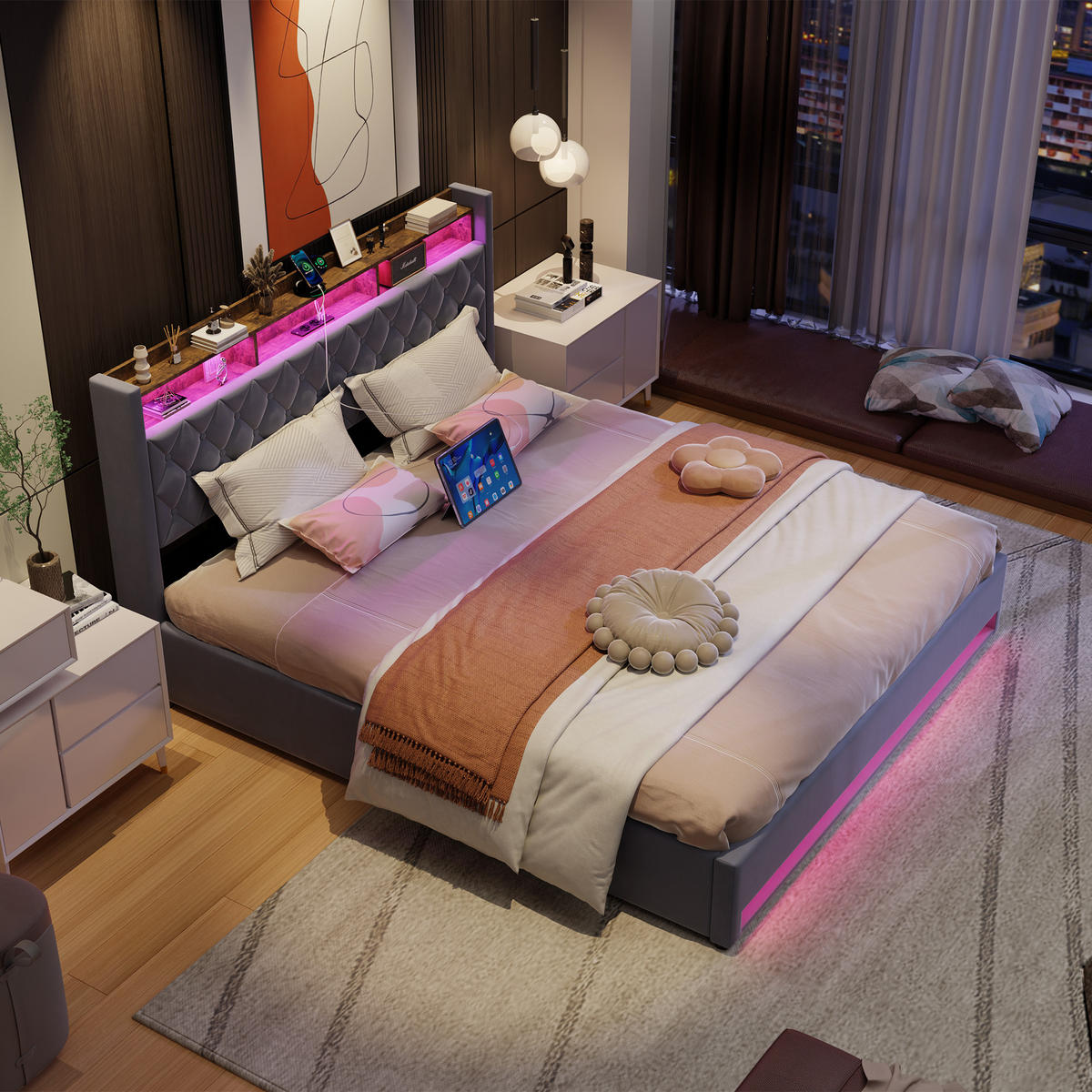 POLSTERBETT 180/200 cm Beige mit LED-Lichtleiste und USB-Anschlüssen - Beige, Holzwerkstoff (180/200cm) - OKWISH