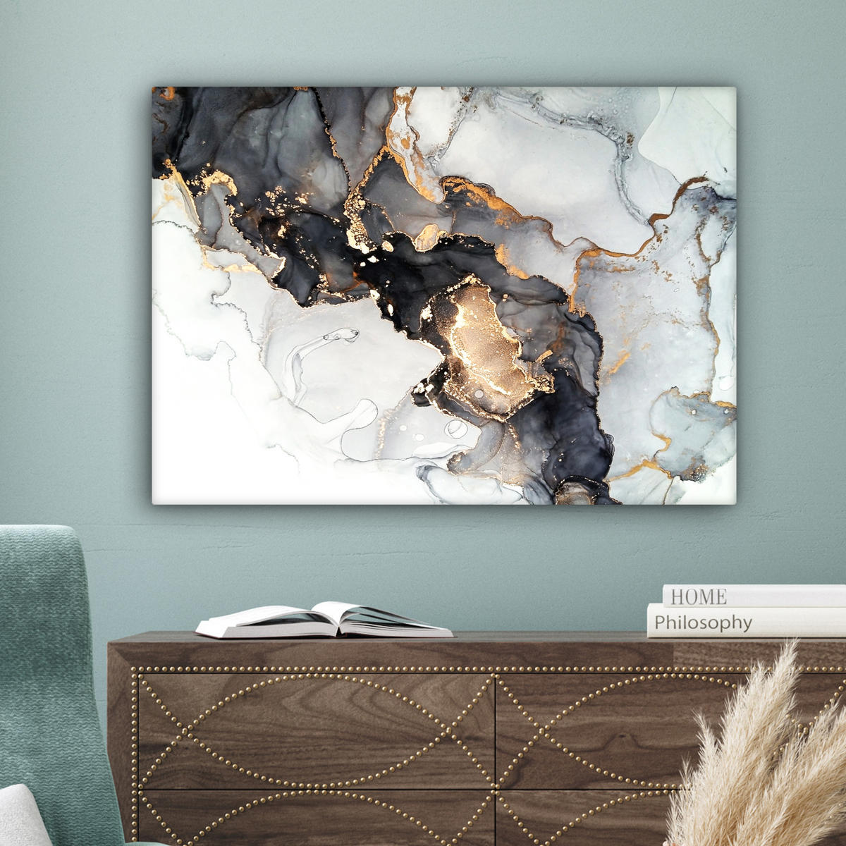 LEINWANDBILD Marmor - Schwarz - Weiß - Gold - Luxus - Abstrakt Wandbilder 80x60 cm - Goldfarben, Textil (80/60cm) - MuchoWow