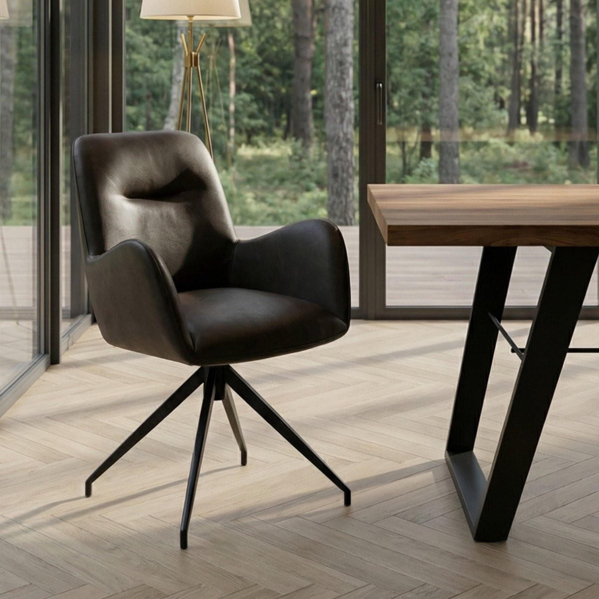 ARMLEHNSTUHL-SET 6 Stück in Kunstleder Dunkelbraun - Schwarz/Braun, Textil/Metall (61/86/64cm) - Furnhouse