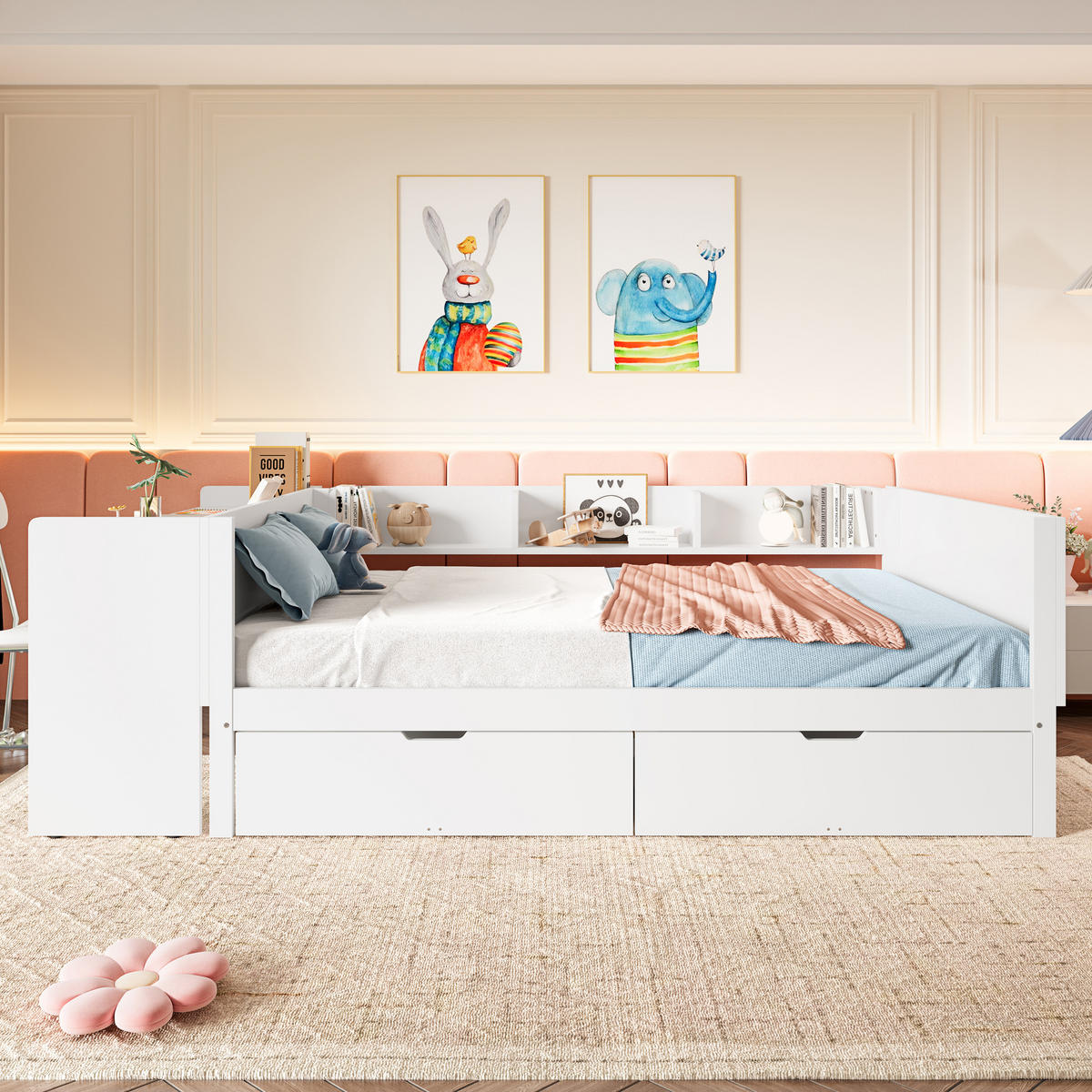 FLACHBETT 140x200cm Weiß Holz Schreibtisch 2 Schubladen Regale - Weiß, Holz (140/200cm) - FLIEKS