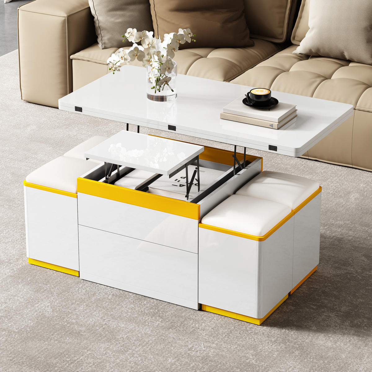 COUCHTISCH 100/50/43 cm weiß/gelb aus MDF und Spanplatte mit Hebe- und Klappfunktion - Weiß, Holzwerkstoff (100/50/43cm) - OKMYHOME