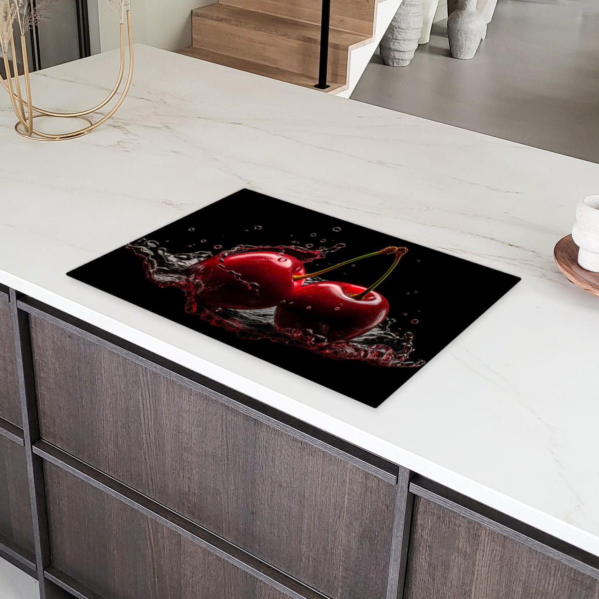 HERDABDECKPLATTE Kirsche - Rot - Frucht - Wasser - Schwarz Induktionsmatte 77x51 cm - Kirschrot, Kunststoff (77/51/0.2cm) - MuchoWow