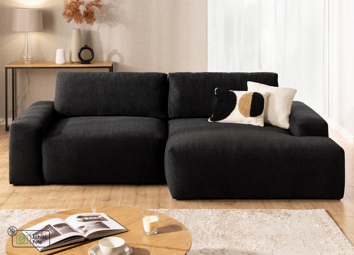 ECKSOFA Lennon aus Schwarz Strukturstoff mit Schlaffunktion und Bettkasten - Schwarz, Holz/Kunststoff (264/137cm) - S-Style