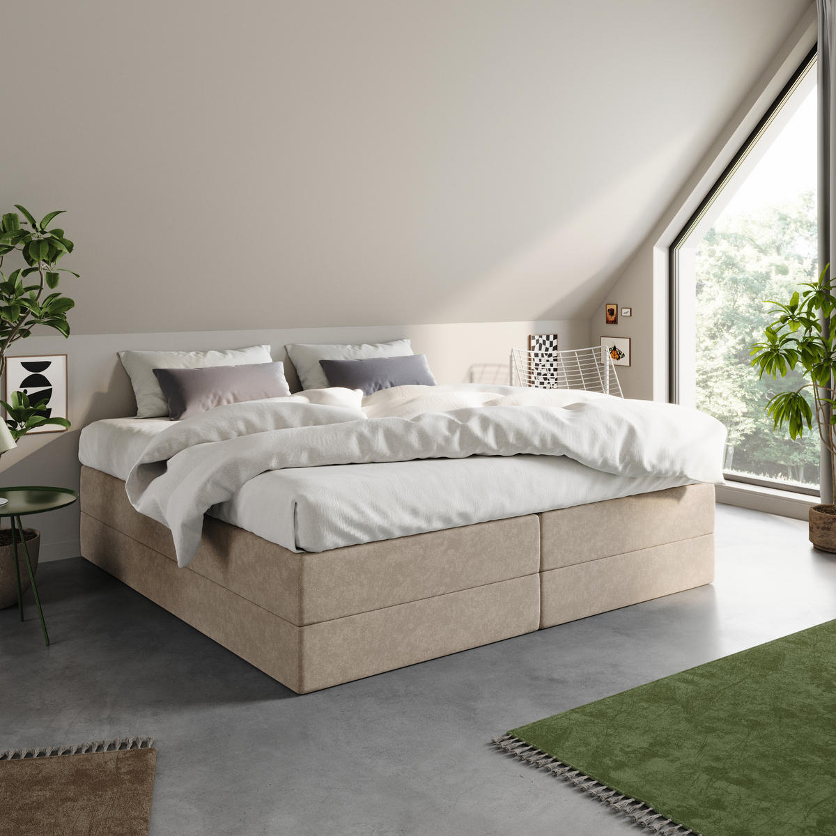 BOXSPRINGBETT mit Kaltschaummatratze, 200 x 200 cm, in Beige - Beige, Naturmaterialien (200/200cm) - Home Collective