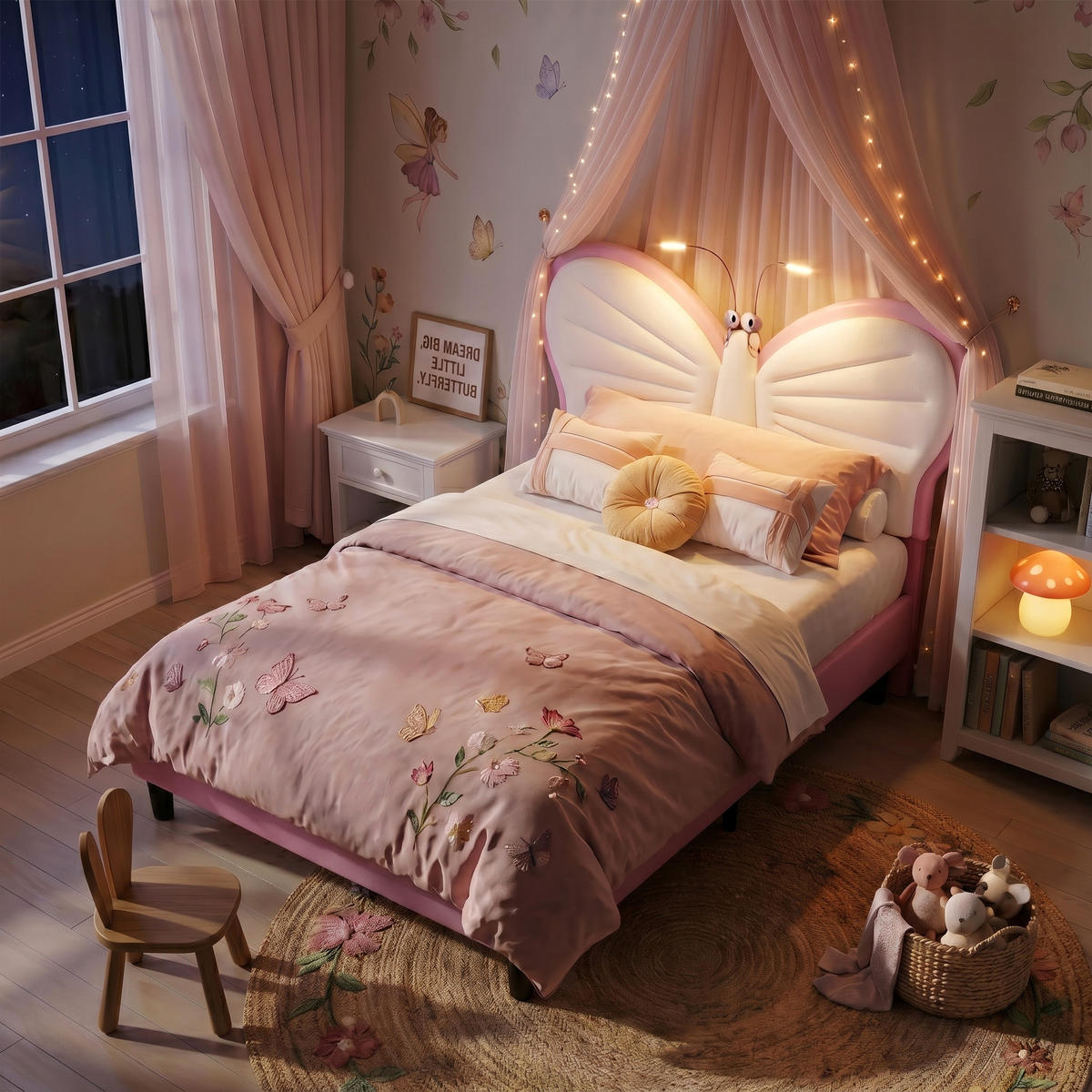 KINDERBETT Schmetterling mit LED-Leselampen 90/200 cm Samt Rosa - Pink, Textil (90/200cm) - Creahappy