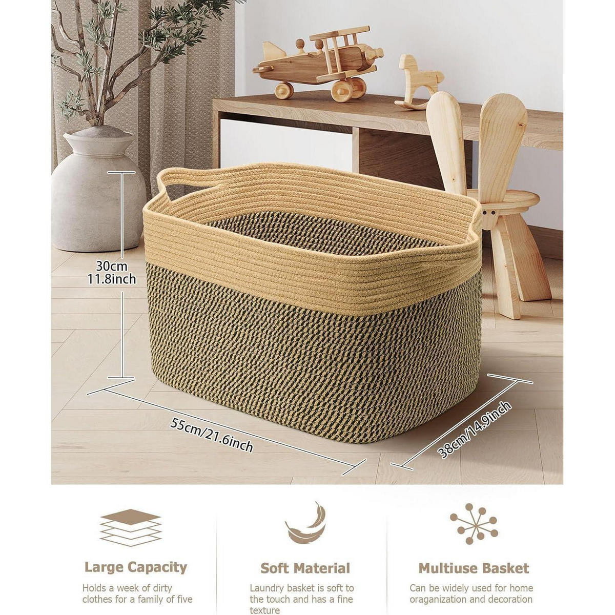 WÄSCHEKORB 2-teiliges Set Baumwolle 63L Jute & Schwarz - Multicolor, Naturmaterialien (55/38/30cm)