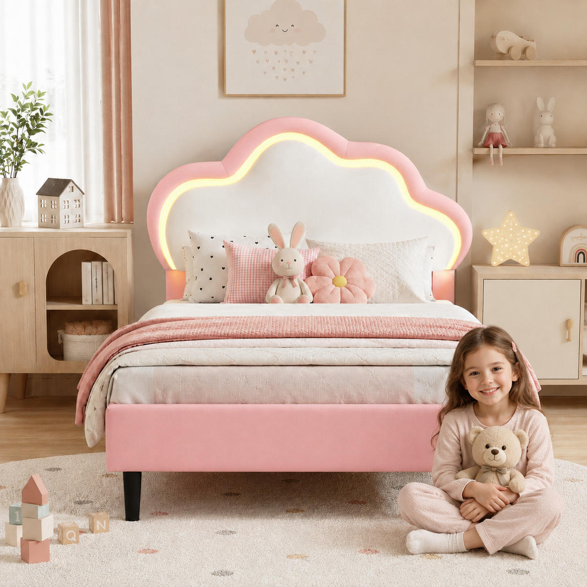 KINDERBETT 90/200 Rosa mit LED, Jugendbett Kinderbett mit Lattenrost - Rosa, Metall (90/200cm) - Joyfair