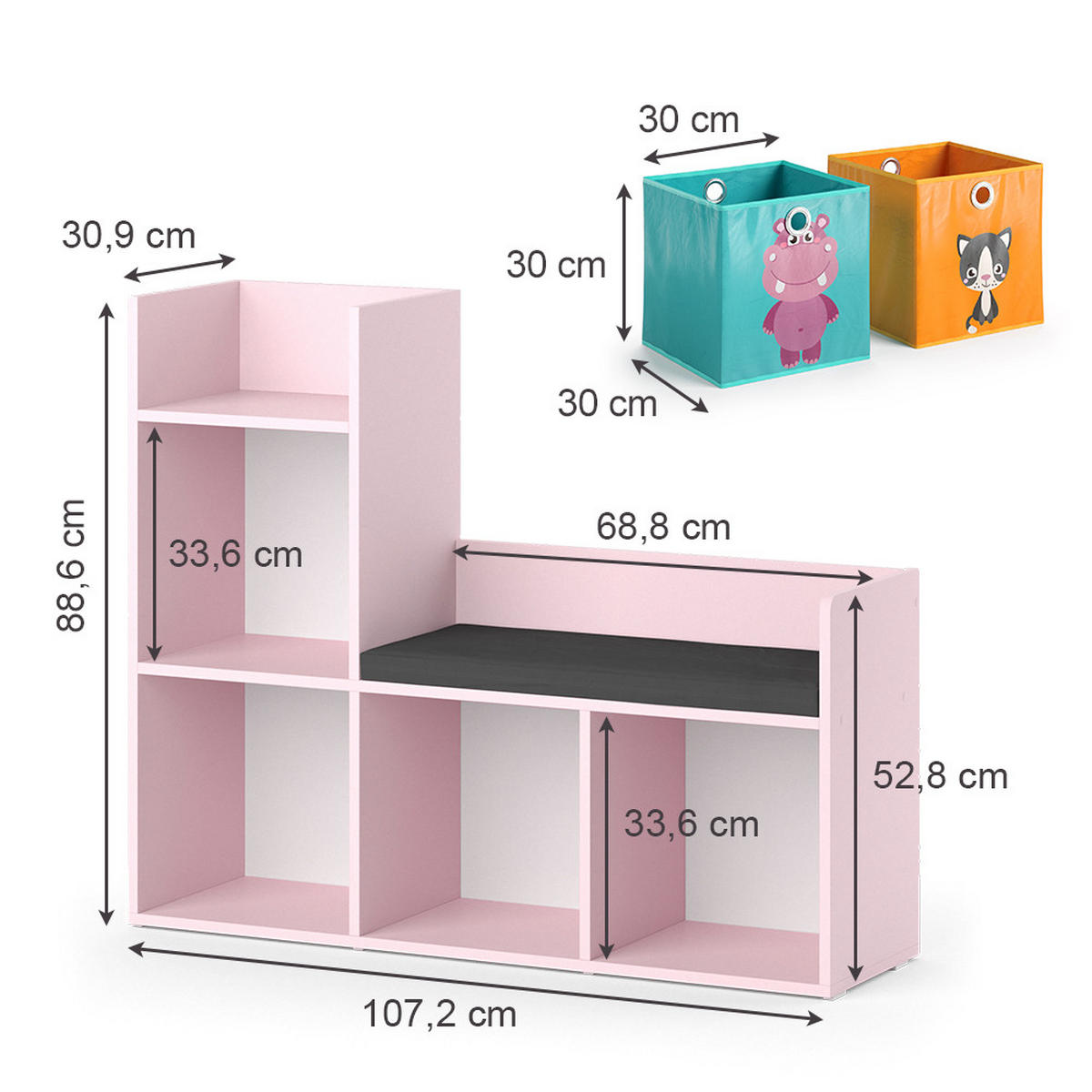 KINDERREGAL Luigi Rosa 107.2 x 88.6 cm mit 2 Faltboxen (bunt) - Pink, Holzwerkstoff (107.2/88.6/30.9cm) - Vicco
