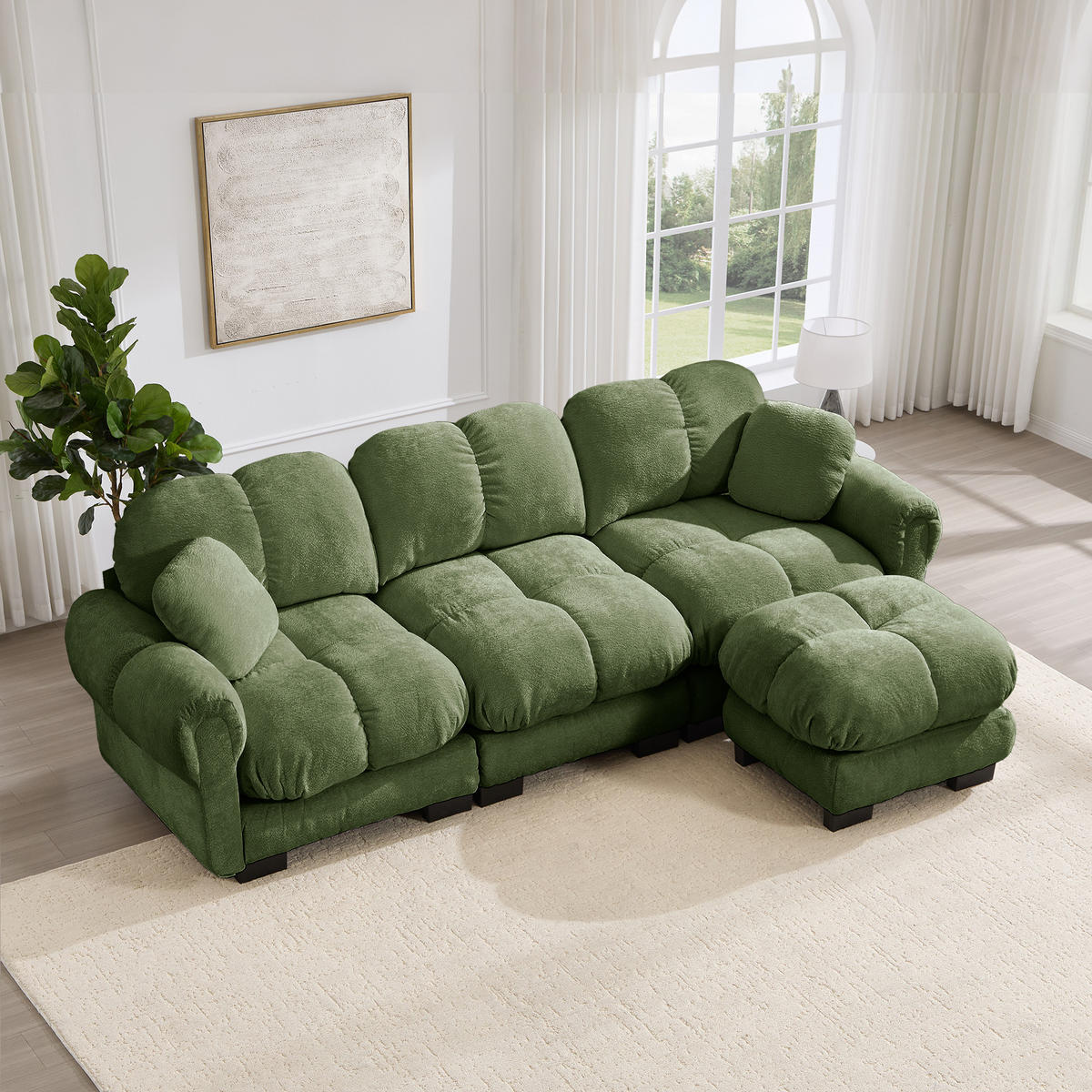 ECKSOFA DE-34384 L-Form mit Ottoman und Steppdesign Grün - Grün, Textil (149/260cm) - ComfortXL