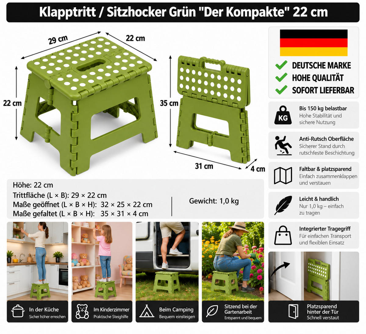 KLAPPHOCKER, Klapptritt 22 cm für Kinder faltbar bis 150 kg Grün - Grün, Paraffin (25/22/32cm)