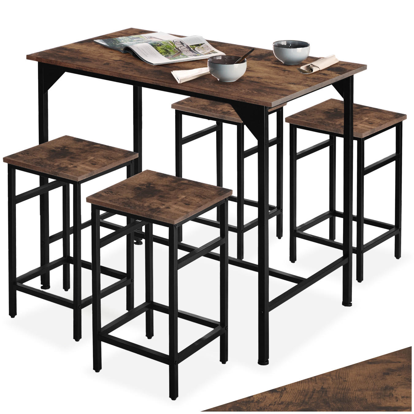 BARTISCH-SET Edinburgh,mit höhenverstellbaren Kunststofffüßen,Industrial Holz dunkel, rustikal - Rostfarben, Holz (124/88.5/100cm) - tectake