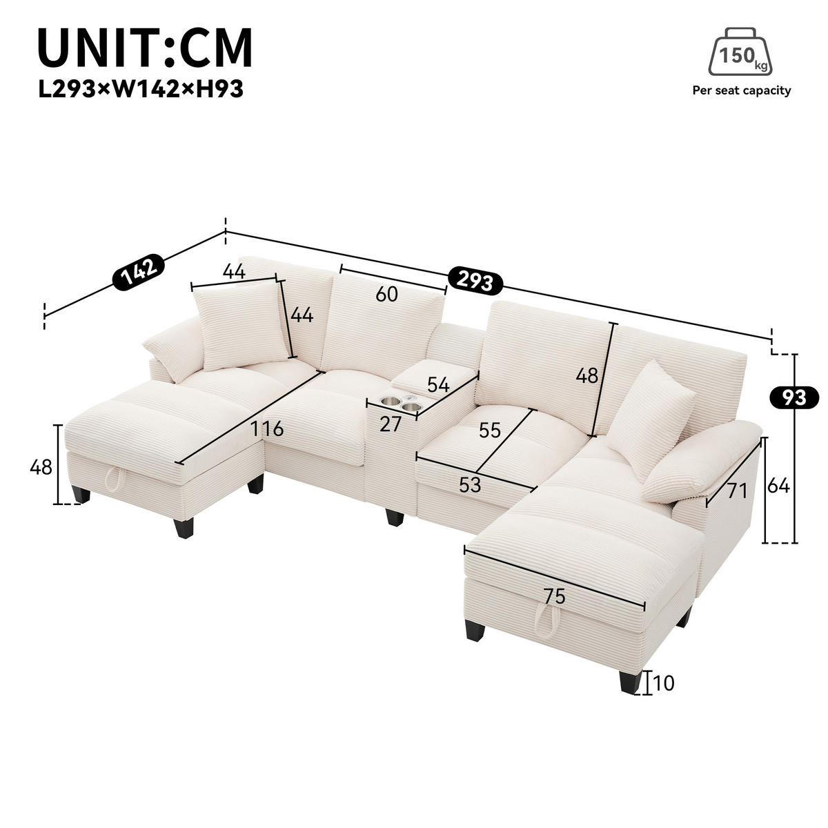 U-FORM Wohnlandschaft Cord mit Stauraum und USB-Anschluss 293/142/93 cm Beige - Beige, Kunststoff/Textil (93/293/142cm) - Redom
