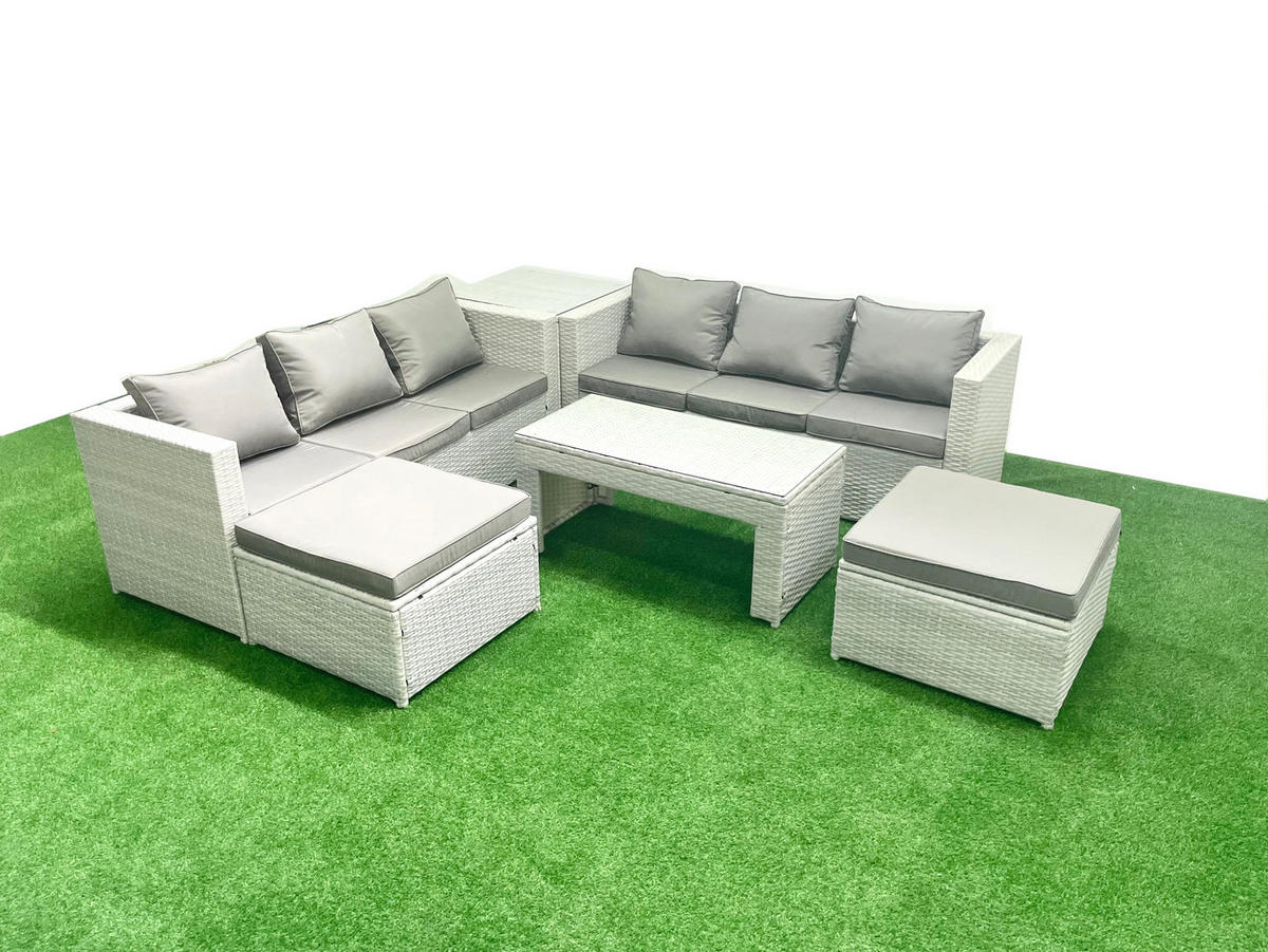 GARTENSOFA hohe Rückenlehne Polyrattan Hellgrau-Mix 8-Sitzer - Hellgrau/Grau, Glas/Kunststoff - Fimous