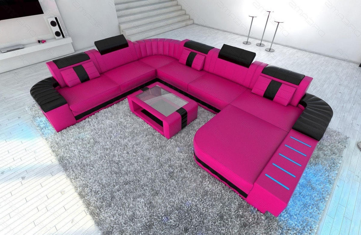 WOHNLANDSCHAFT Bellagio Pink Schwarz Kunstleder - Pink, Textil (362/80/287cm)