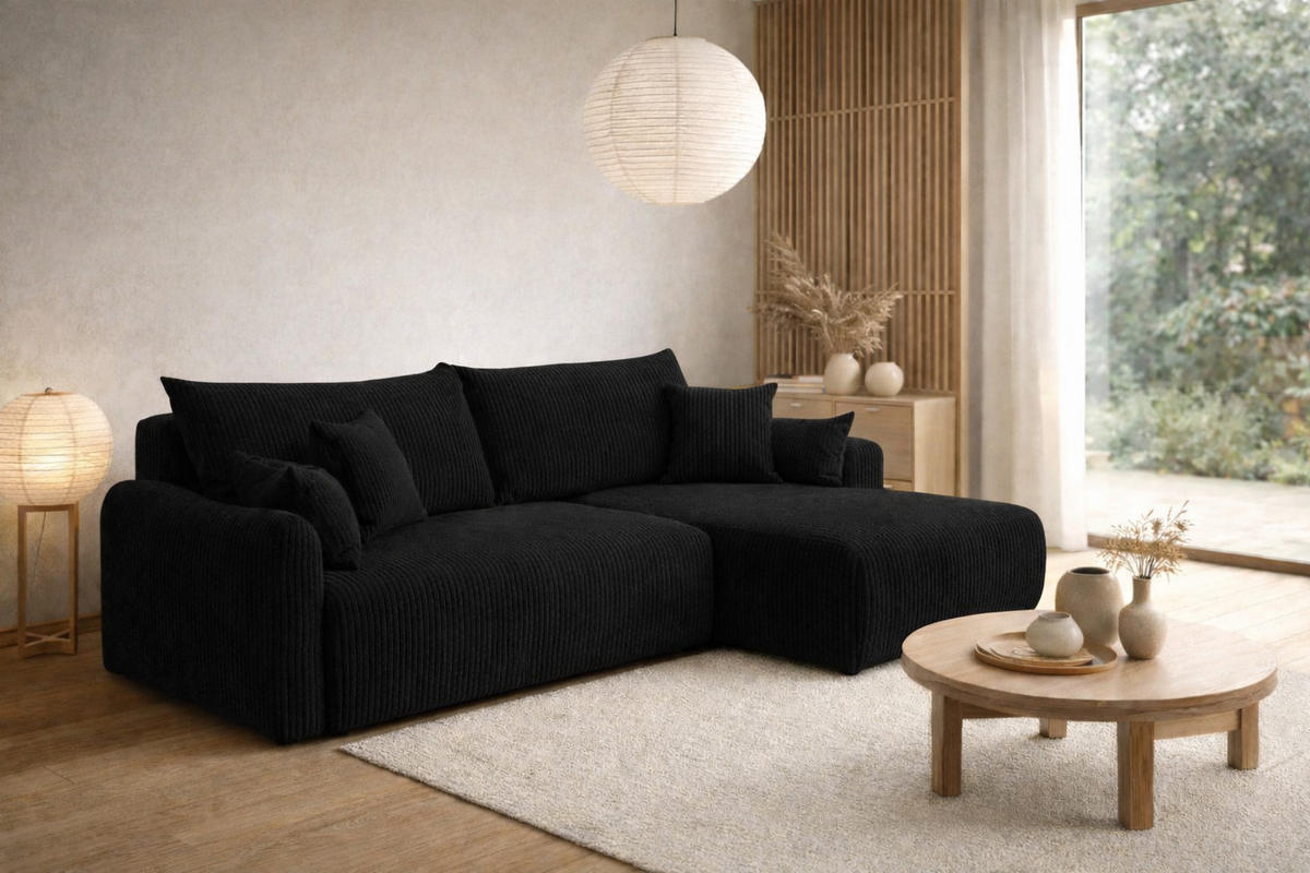 ECKSOFA Mit Schlaffunktion, Cordstoff Poso, Schwarz, Rechts, JAPANDI - Schwarz, Holz (262/145cm) - Kaiser Möbel