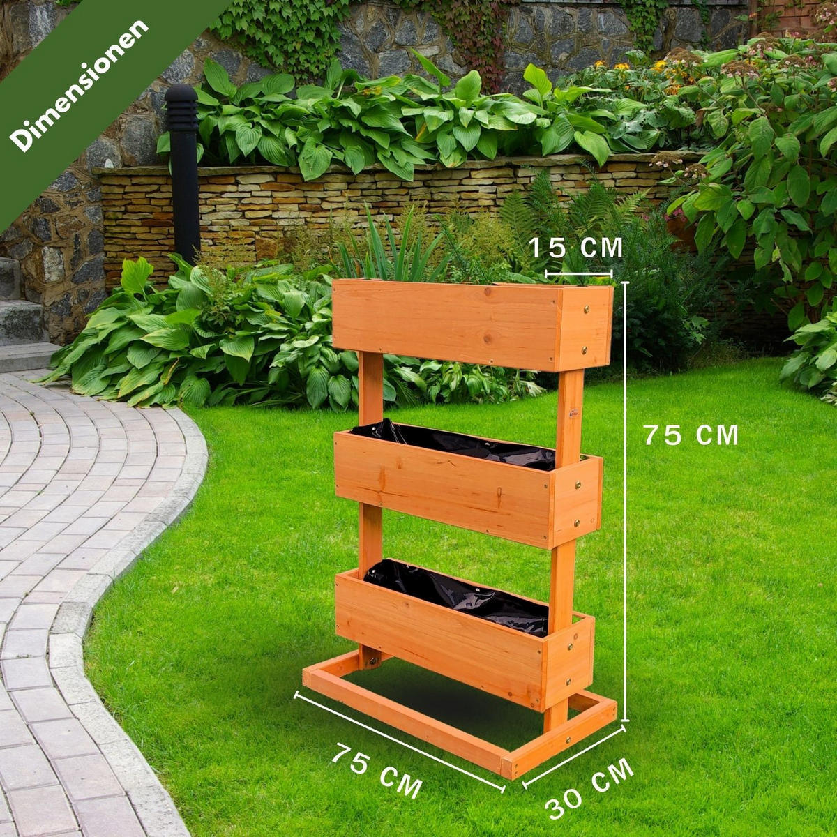 HOCHBEET Kleines Vertikalbeet 3 Etagen inkl. Pflanzfolie 75/30/75 cm - Naturfarben, Holz (30/75/75cm) - Coemo