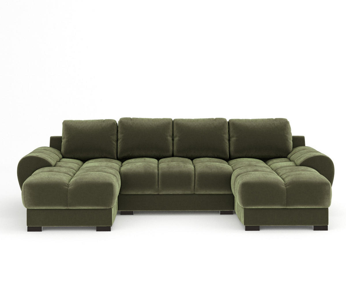 WOHNLANDSCHAFT Peebles Olivenfarbe Samtstoff - Schwarz/Olivgrün, Holz/Holzwerkstoff (330/90/175cm) - Maison de Reve