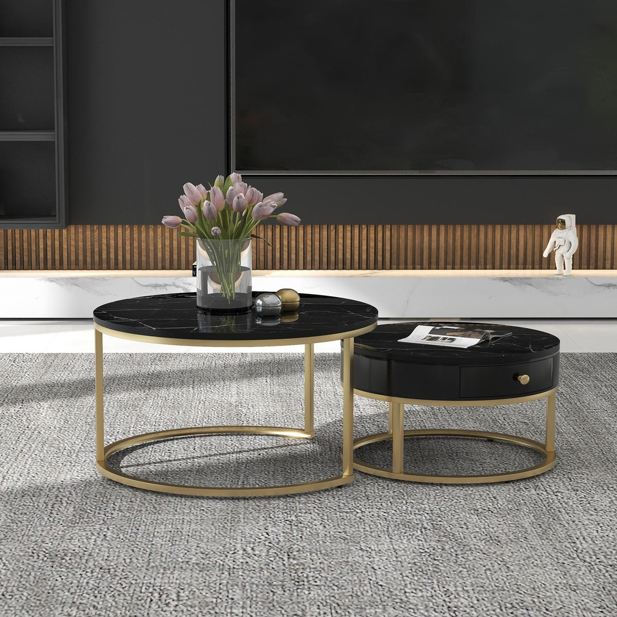 COUCHTISCH SET 2 Hochglanz Marmor Rund Nesting Tische - Schwarz, Holzwerkstoff (70/70/48cm)