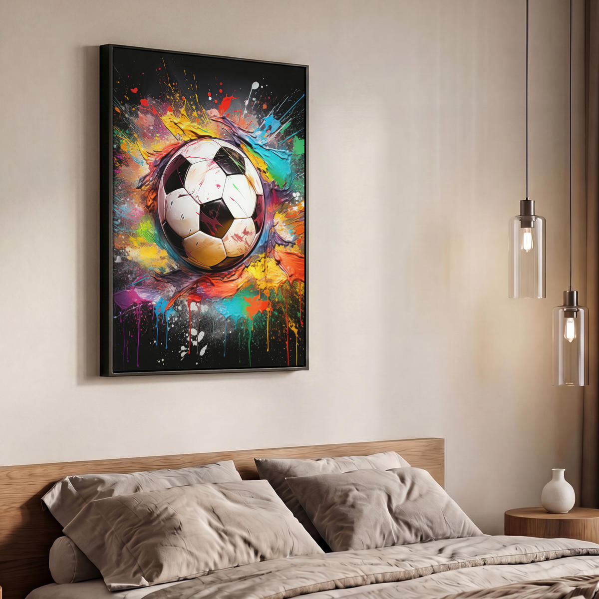 LEINWAND Bilder mit Rahmen - Fußball - Farbe - Farben - Schwarz - Weiß - 70x100 - Weiß, Textil (70/100cm) - MuchoWow