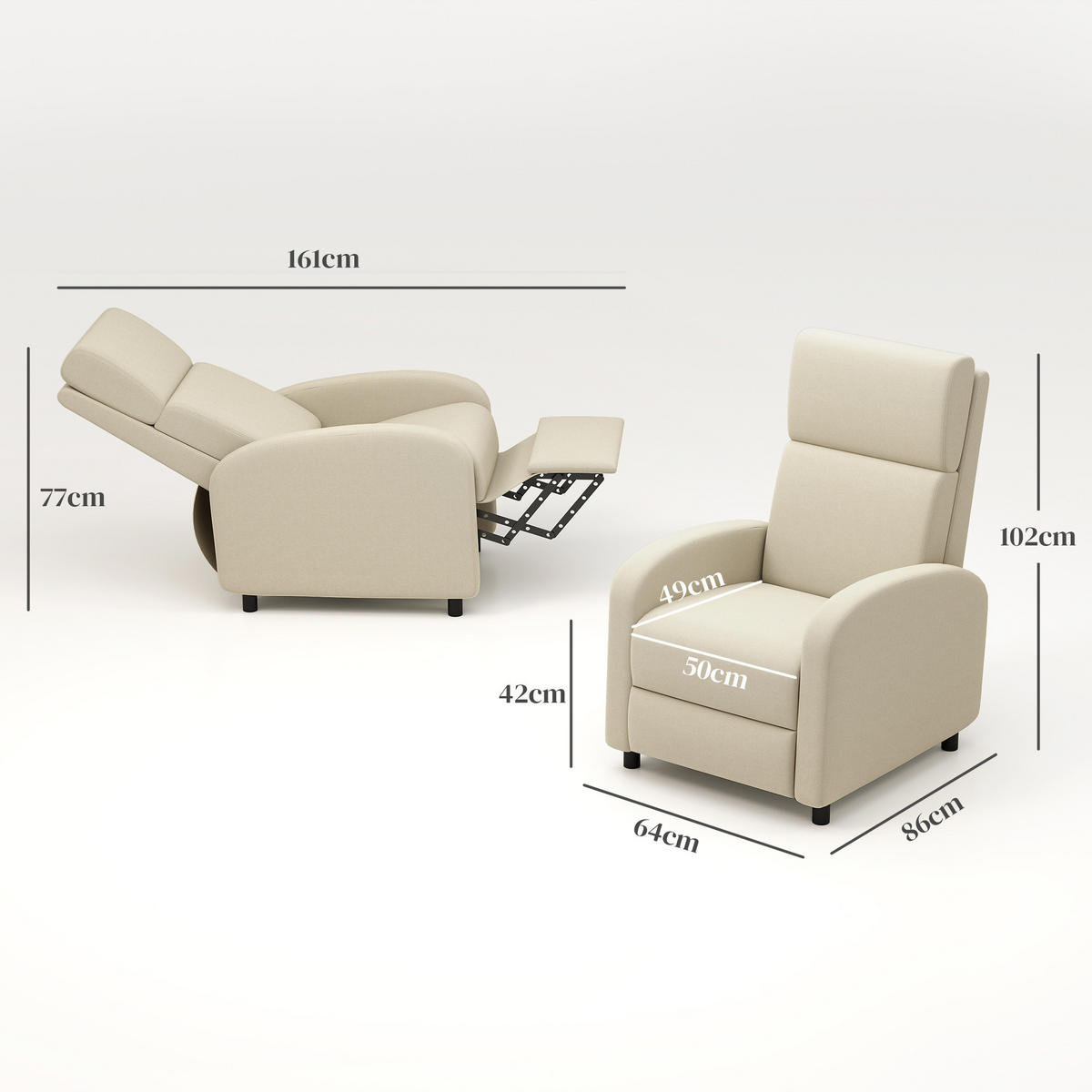 RELAXSESSEL gepolstert Fernsehsessel mit Liegefunktion bis 120 kg Belastbar - Creme/Schwarz, Kunststoff/Textil (64/102/86cm) - HOMCOM