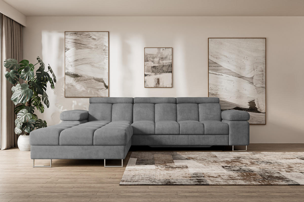 ECKSOFA mit Schlaffunktion Ottomane Links COMA L 271x203x79 Grau Velours - Grau, Holzwerkstoff/Textil (271/203cm) - ALTDECOR