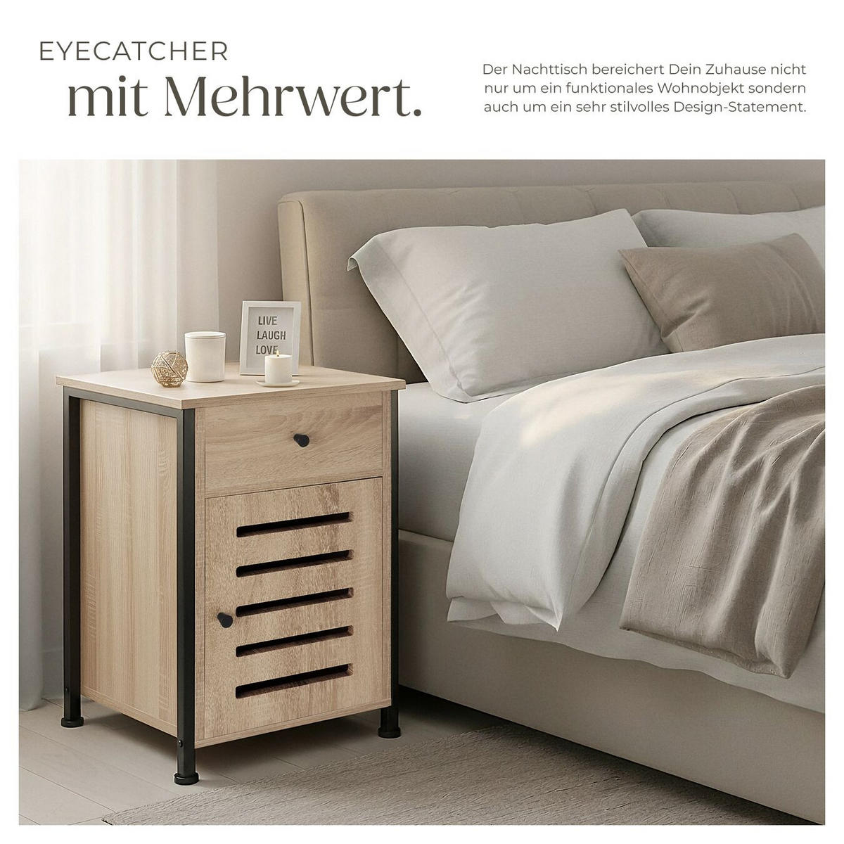 NACHTSCHRANK Waterford, 40 x 42 x 60,5 cm, Industrial Holz hell, Eiche Sonoma - Naturfarben, Holzwerkstoff (40/60.5/42cm) - tectake