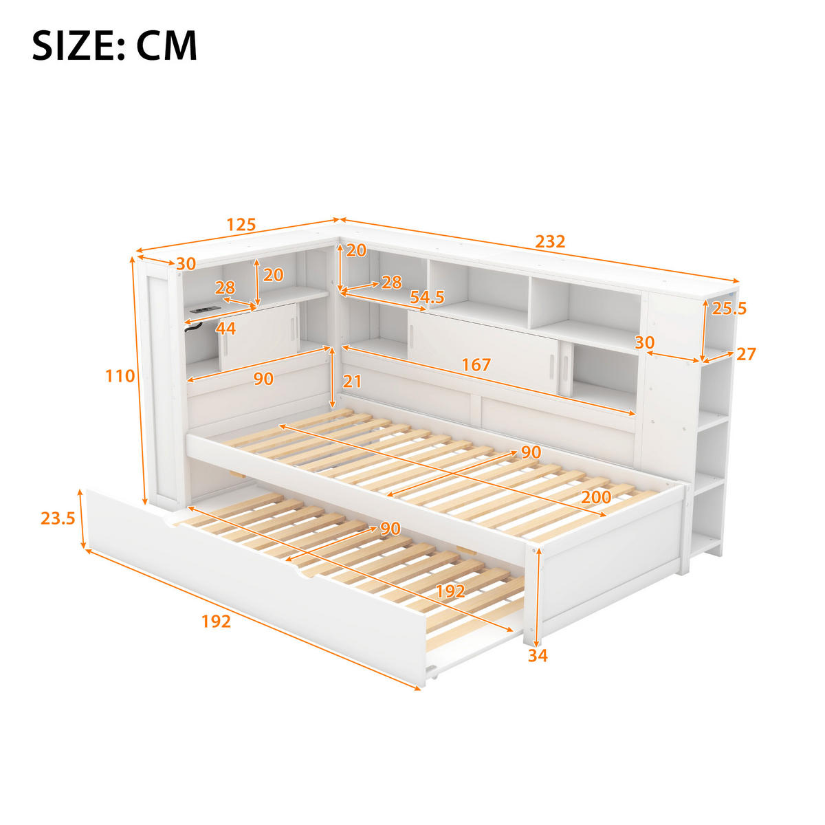 MULTIFUNKTIONSBETT 90/200 cm weiß mit Ausziehbett und USB-Ladeanschluss - Weiß, Holzwerkstoff (90/200cm) - OKWISH