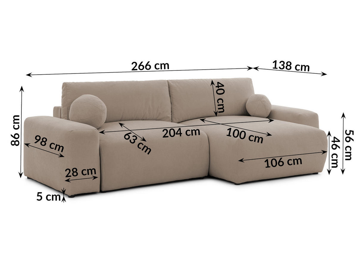 ECKSOFA Puffy mit Schlaffunktion und Bettkasten - besonders weich und puffig aus Greige Webstoff - Ottomane rechts - Greige/Schwarz, Holz/Kunststoff (266/138cm) - S-Style Möbel