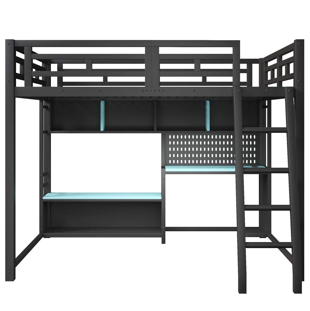 HOCHBETT aus MDF und Metall 140x200 cm Schwarz mit Schreibtisch, LED-Beleuchtung und Regalen im Gaming-Design - Schwarz, Holzwerkstoff (140/200cm) - Modfu