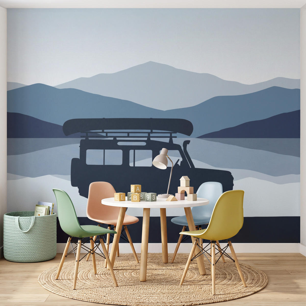 KINDERTAPETE - Auto - See - Berge - Blau - 260x220 cm - Blaugrau, Papier (260/220cm) - OnlyWow