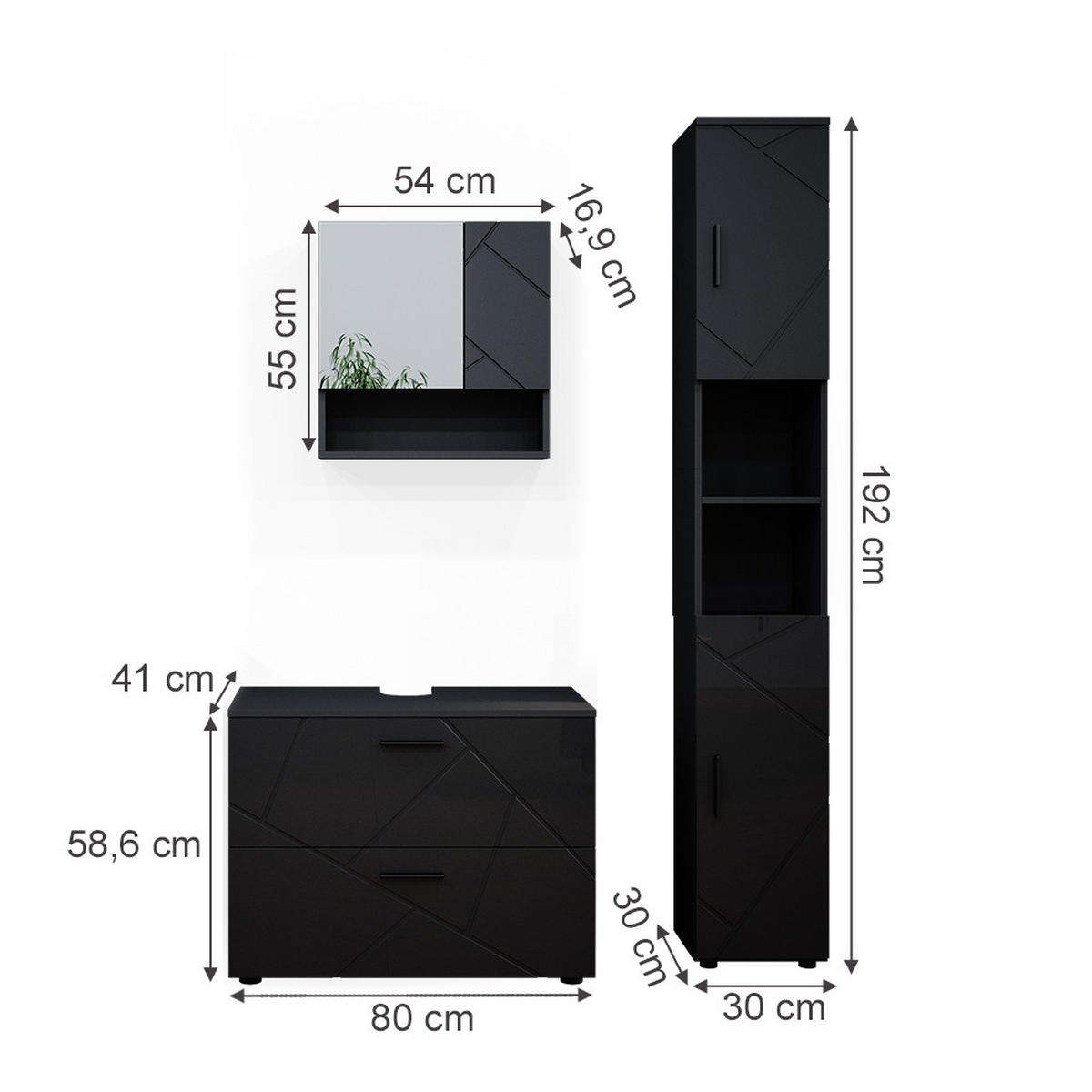 BADMÖBEL-SET Irma Anthrazit Hochglanz 3 Teile - Schwarz Hochglanz/Anthrazit, Holzwerkstoff (80/58.6/41cm) - Vicco