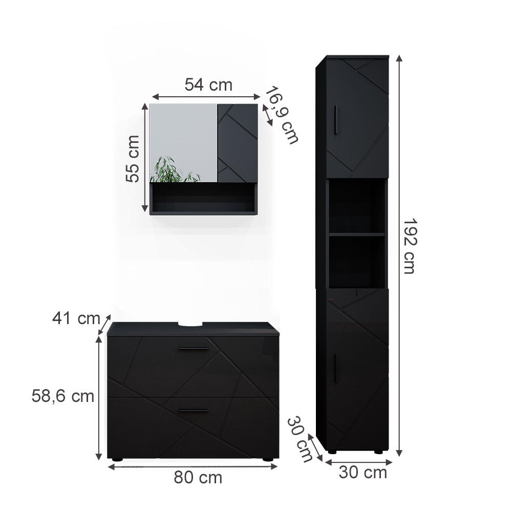 Thumbnail - Vicco Badmöbel-Set, Schwarz Hochglanz, Anthrazit, Holzwerkstoff, 11 Fächer, 2 Schubladen, nicht einzeln stellbar,Rechtec...