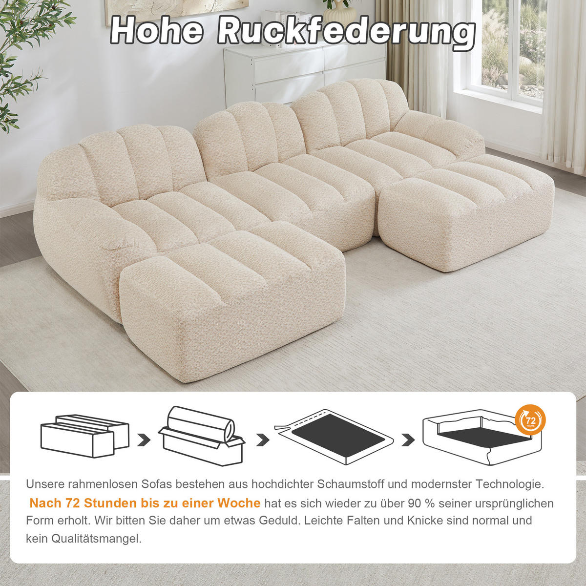 WOHNLANDSCHAFT DE-34312 3-Sitzer mit 2 Ottomans Beige - Beige, Textil (165/79/288cm) - ComfortXL