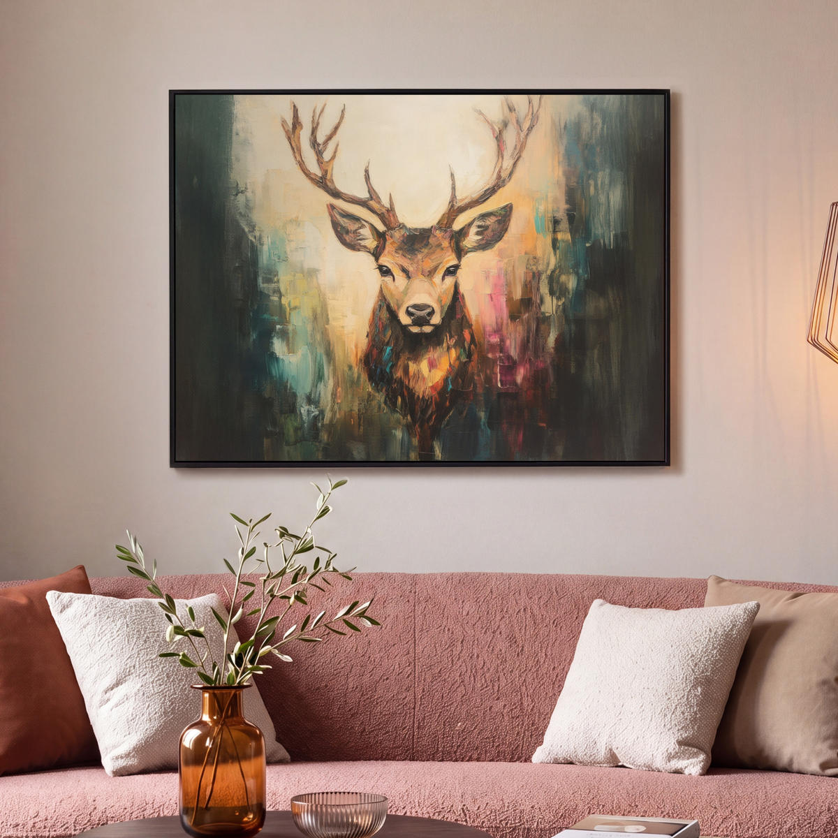 LEINWAND Bilder mit Rahmen - Hirsch - Gemalt - Geweih - Braun - 100x70 - Haselnussfarben, Textil (100/70cm) - MuchoWow