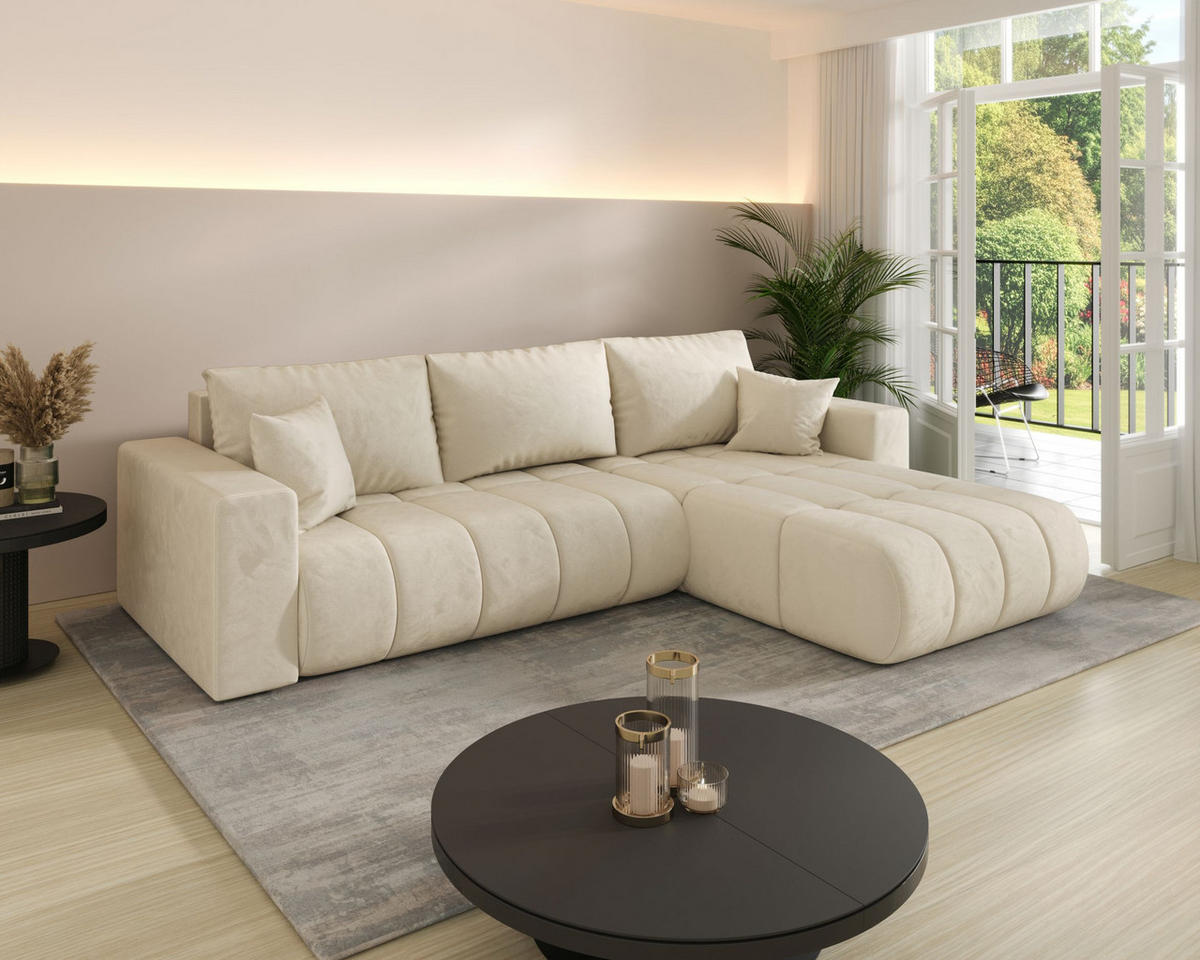 ECKSOFA LARA PREMIUM rechts beige Velours Monolith 2 - Schlaffunktion, Bettkasten - Beige, Textil (280/174cm) - Cornero