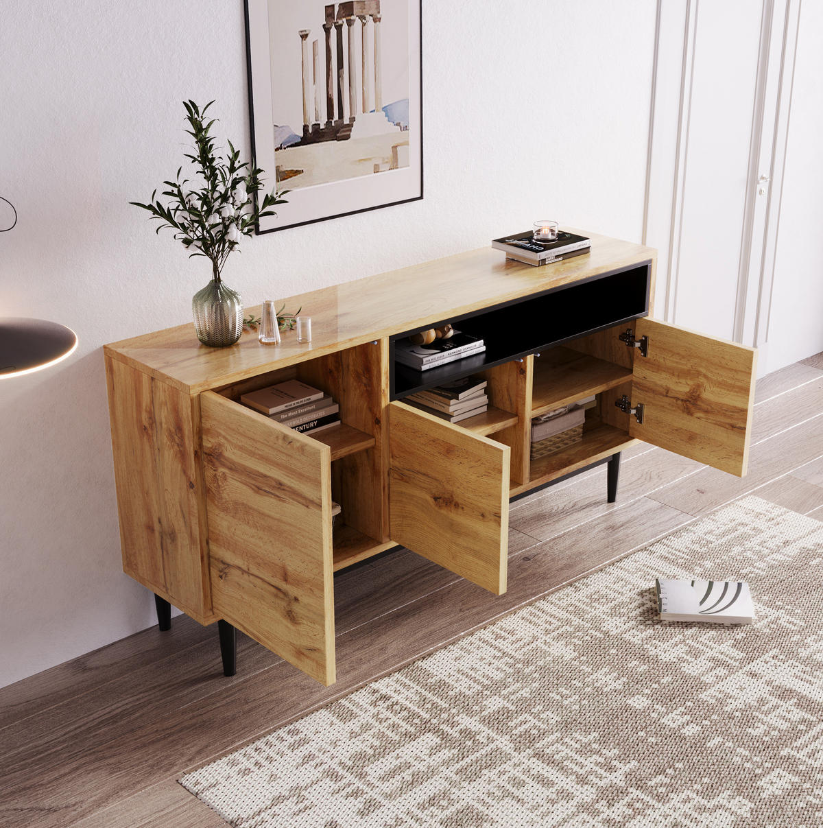 SIDEBOARD aus MDF mit 3 Türen und verstellbaren Einlegeböden, 160/35/76 cm, Schwarz und Natur - Naturfarben, Holzwerkstoff (160/76/35cm) - Redom