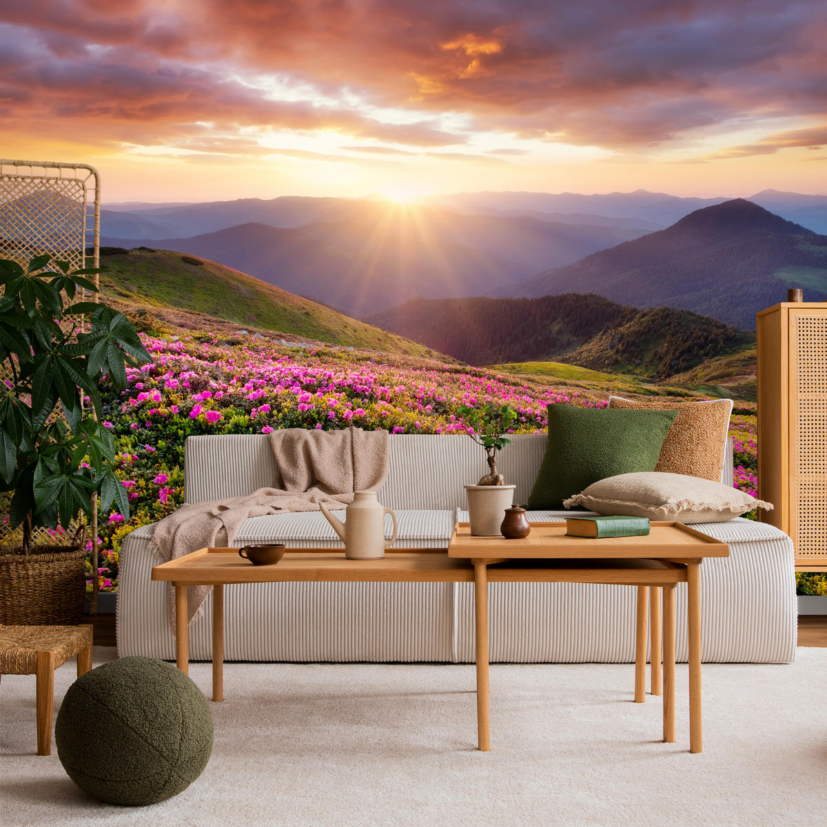 FOTOTAPETE für Wohnzimmer Sonnenuntergang Berge Wiese Blumen 450x315 - Violett/Rosa, Papier (450/315cm) - Muralo