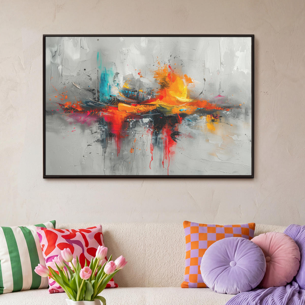 LEINWAND Bilder mit Rahmen - Moderne Kunst - Orange - Grau - Abstrakt - 90x60 - Hellgrau, Textil (90/60cm) - MuchoWow