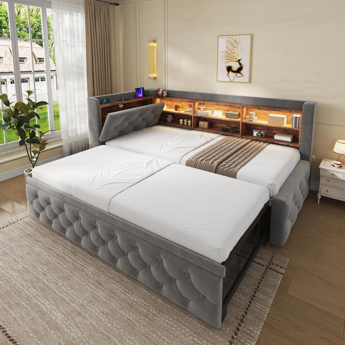 TAGESBETT Ausziehbar 90/180x190cm, Samt, LED/USB/Stauraum, Dunkelgrau - Dunkelgrau, Holz/Textil - LVHOM