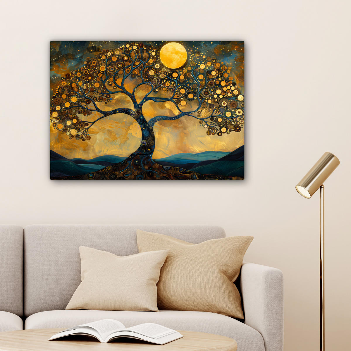 OBRAZ NA PLÁTNĚ Strom - Měsíc - Květiny - Zlato - Umění 80x60 cm - pomerančová, textil (80/60cm) - MuchoWow