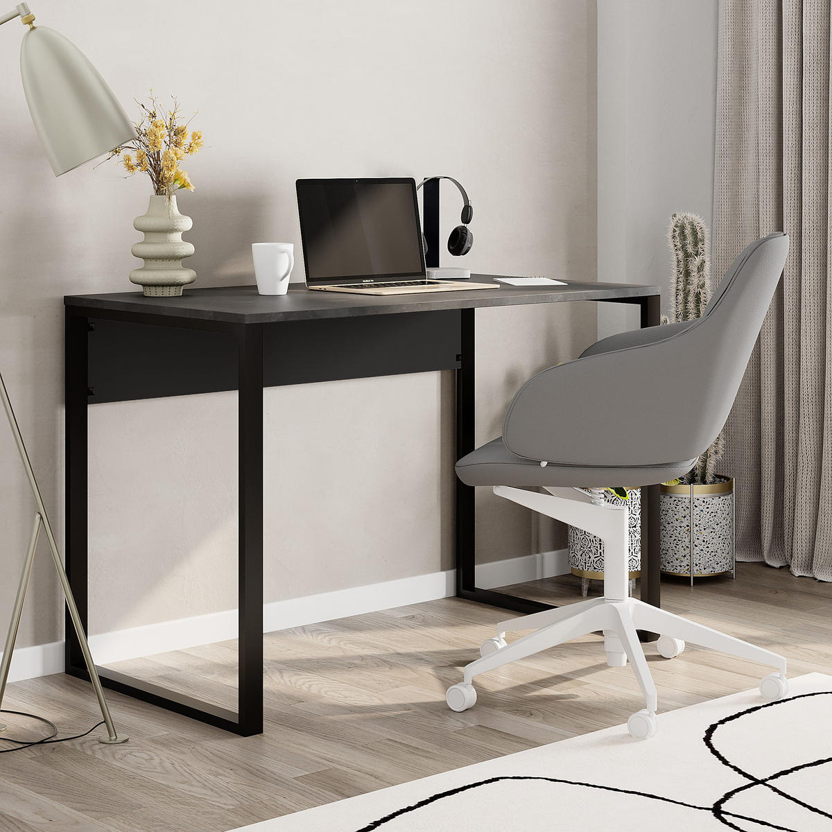 SCHREIBTISCH Inna Retro-Grau, Grauschwarz seidenmatt 100/60/75 cm - Multicolor/Schwarz, Holzwerkstoff/Metall (60/100/75cm) - Decortie