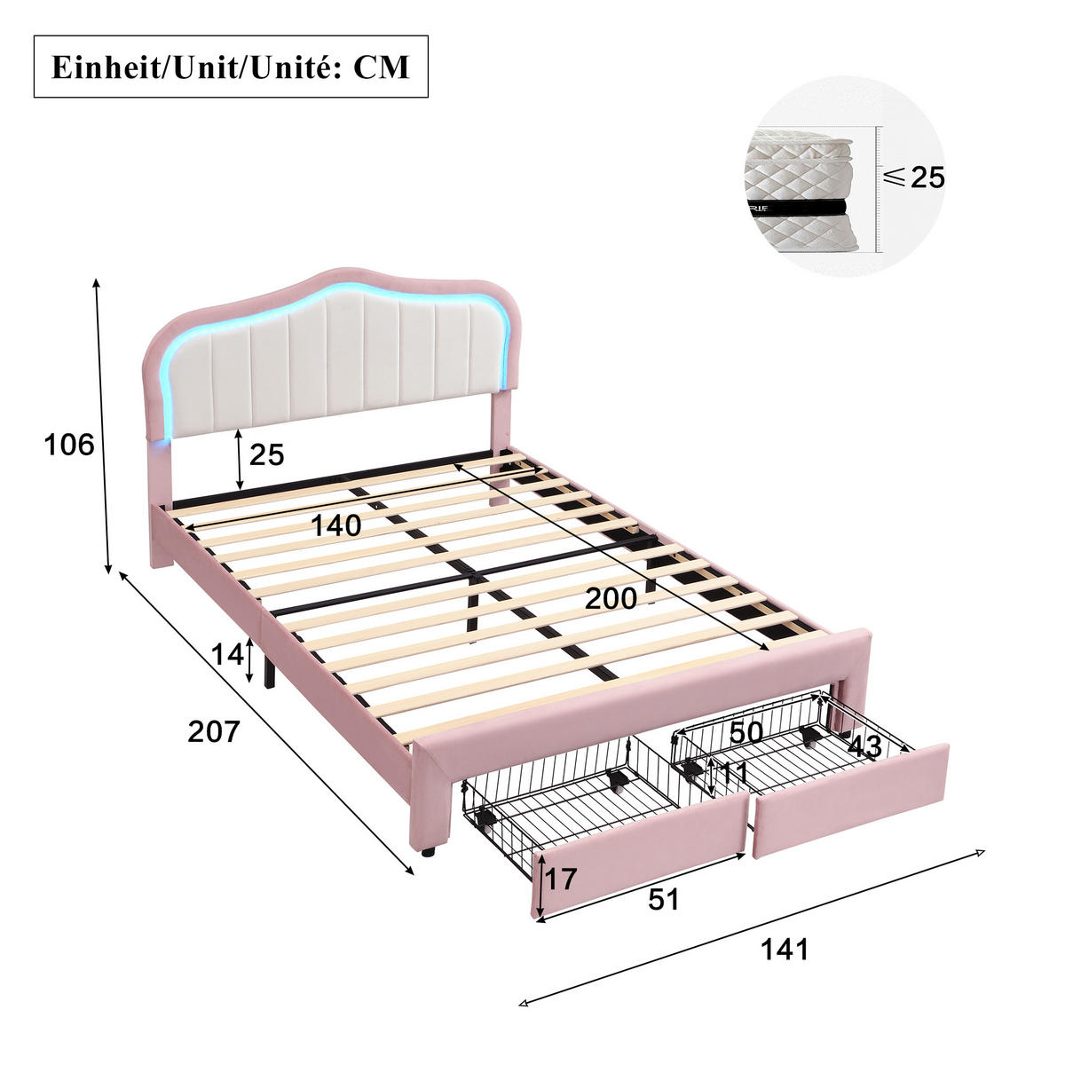 POLSTERBETT 140/200 cm mit 2 Schubladen und LED, DE-41731, in Rosa - Pink, Holzwerkstoff (140/200cm) - ComfortXL