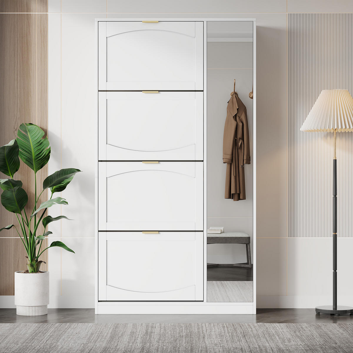 SCHUHSCHRANK Modern mit Spiegel 4 Fächer Weiß 80x24x147cm - Weiß, Holzwerkstoff (24/147/80cm) - FLIEKS