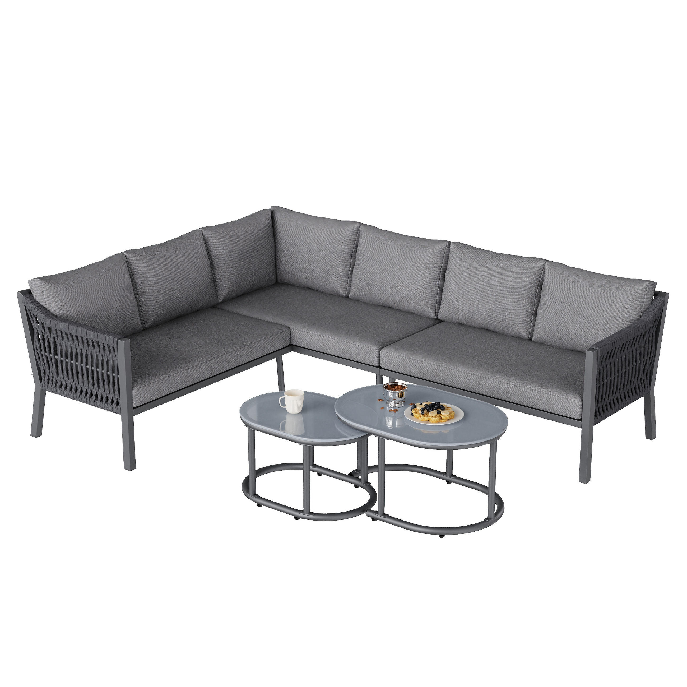 GARTENLOUNGE-SET für 6 Personen Garten-Essgruppe mit zwei Couchtische und ein Sofa - Grau, Textil/Metall - STILVORA