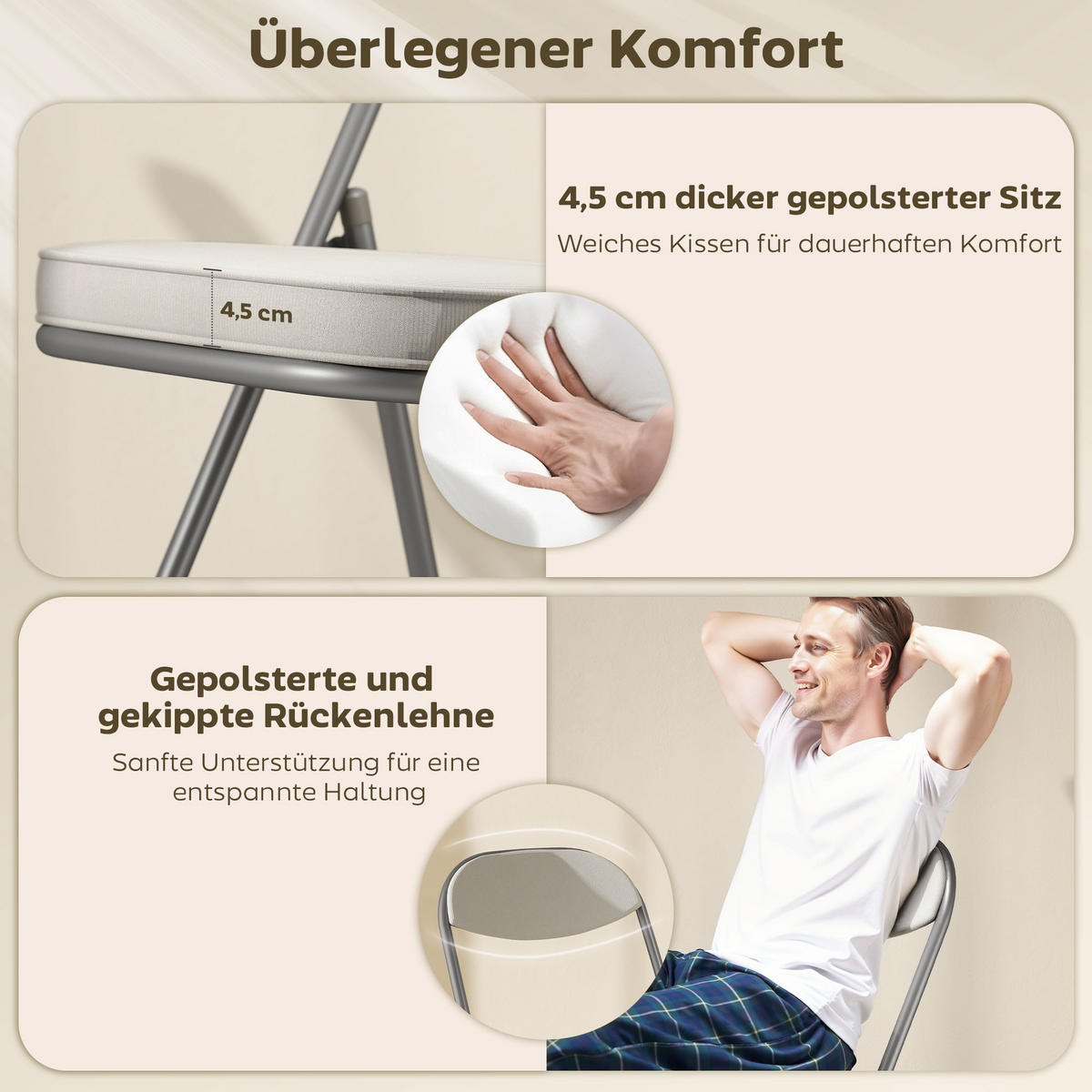 KLAPPSTUHL 4er Set Polyester Stahl Cremeweiß - Weiß, Kunststoff (45/82/48.5cm) - HOMCOM